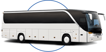 a plain white charter bus with a blue circle behind it